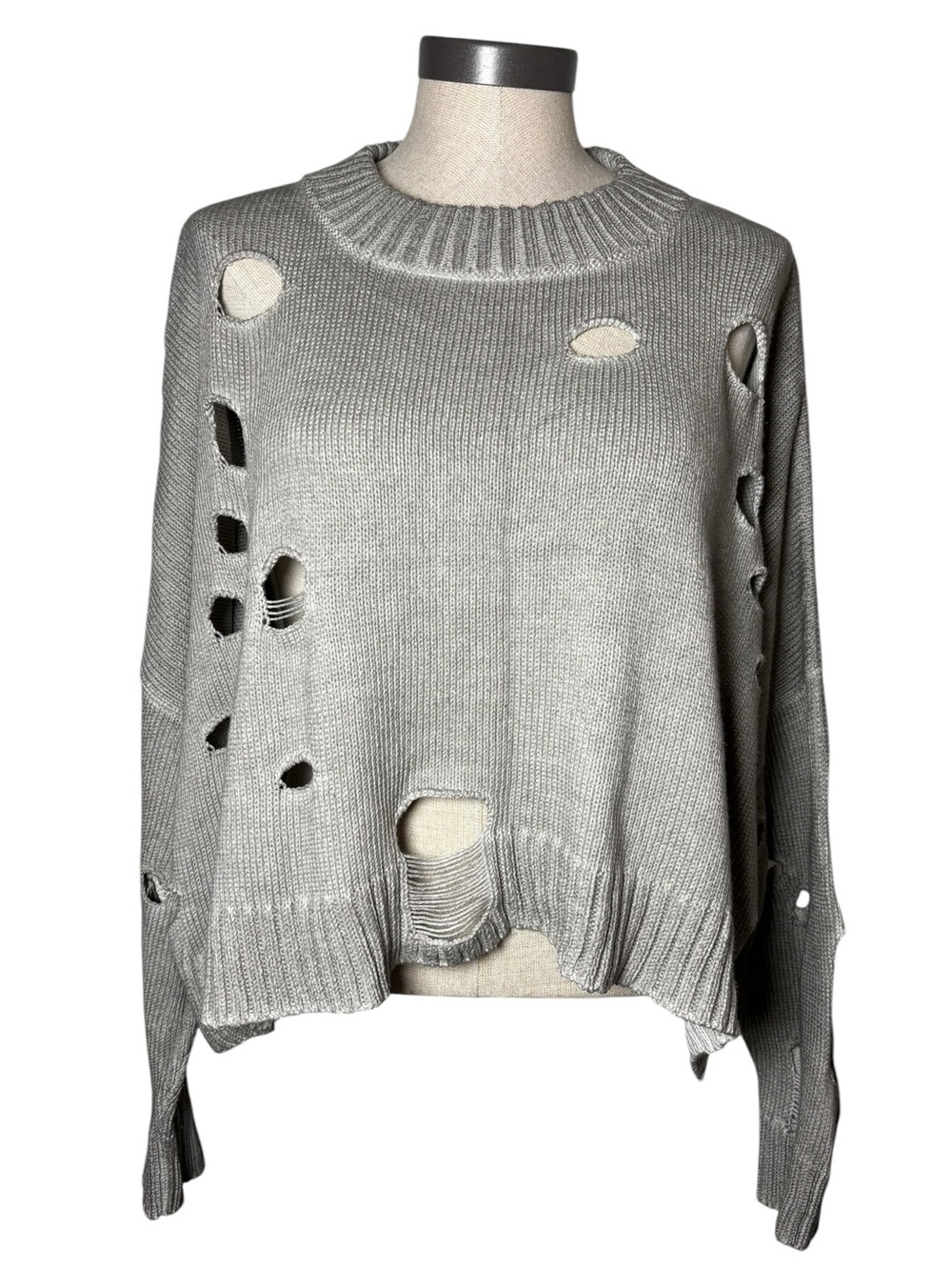 PLANET by Lauren G Distressed Cotton Knit Sweater One Size Gray Oversized